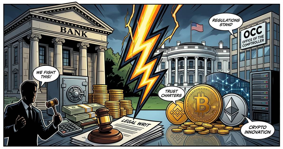Illustration for article: Big Banks Prepare Legal Battle Against OCC Over Crypto Trust Charters: CryptoDailyInk