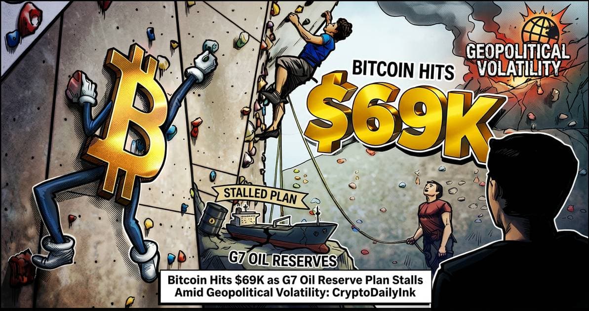 Illustration for article: Bitcoin Hits $69K as G7 Oil Reserve Plan Stalls Amid Geopolitical Volatility: CryptoDailyInk