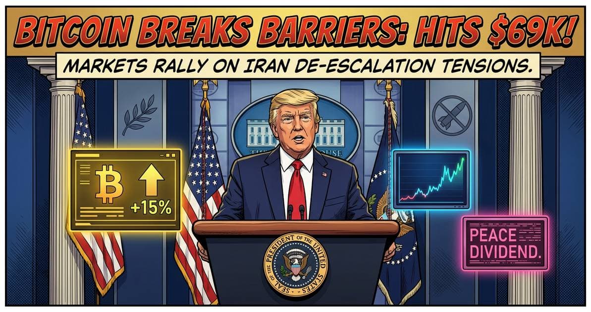 Illustration for article: Bitcoin Hits $69K as Markets Rally on De-escalating Iran War Tensions: CryptoDailyInk