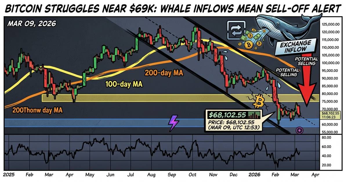 Illustration for article: Bitcoin Struggles Near $69K as Whale Exchange Inflows Signal Potential Selling: CryptoDailyInk