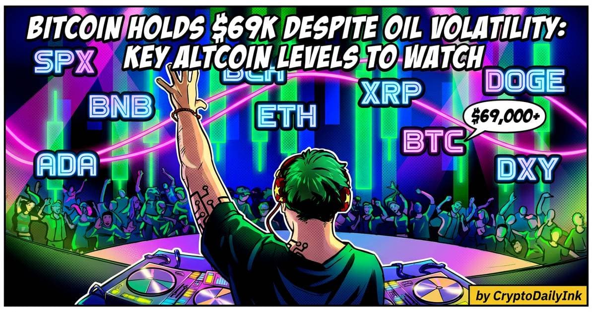 Illustration for article: Bitcoin Holds $69K Despite Oil Volatility: Key Altcoin Levels to Watch: CryptoDailyInk