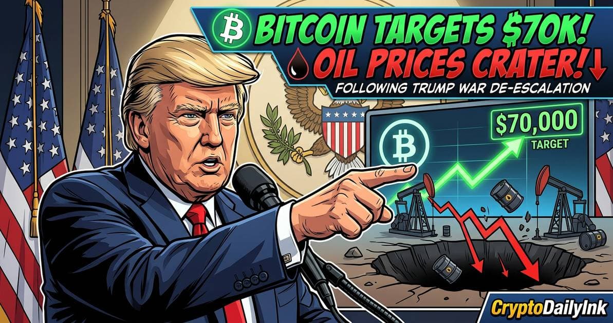 Illustration for article: Bitcoin Targets $70K as Oil Prices Crater Following Trump War De-escalation: CryptoDailyInk