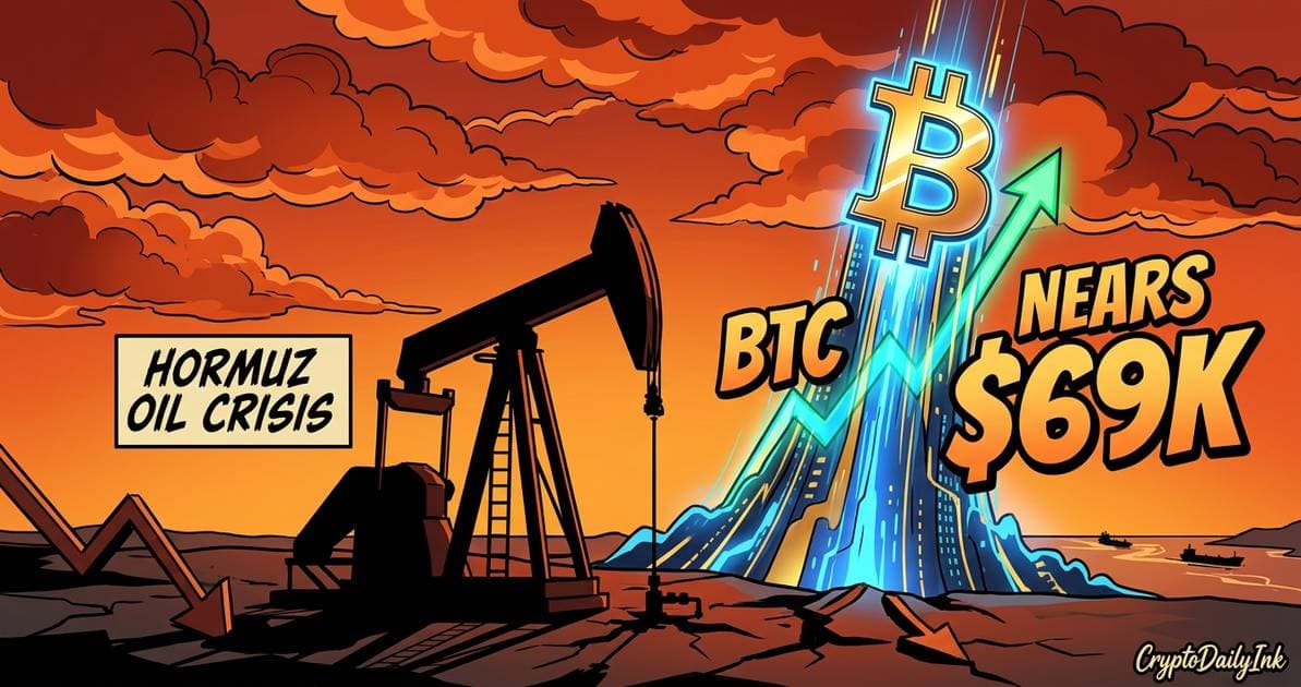 Illustration for article: Crypto Diverges From Equities Amid Hormuz Oil Crisis as BTC Nears $69K: CryptoDailyInk