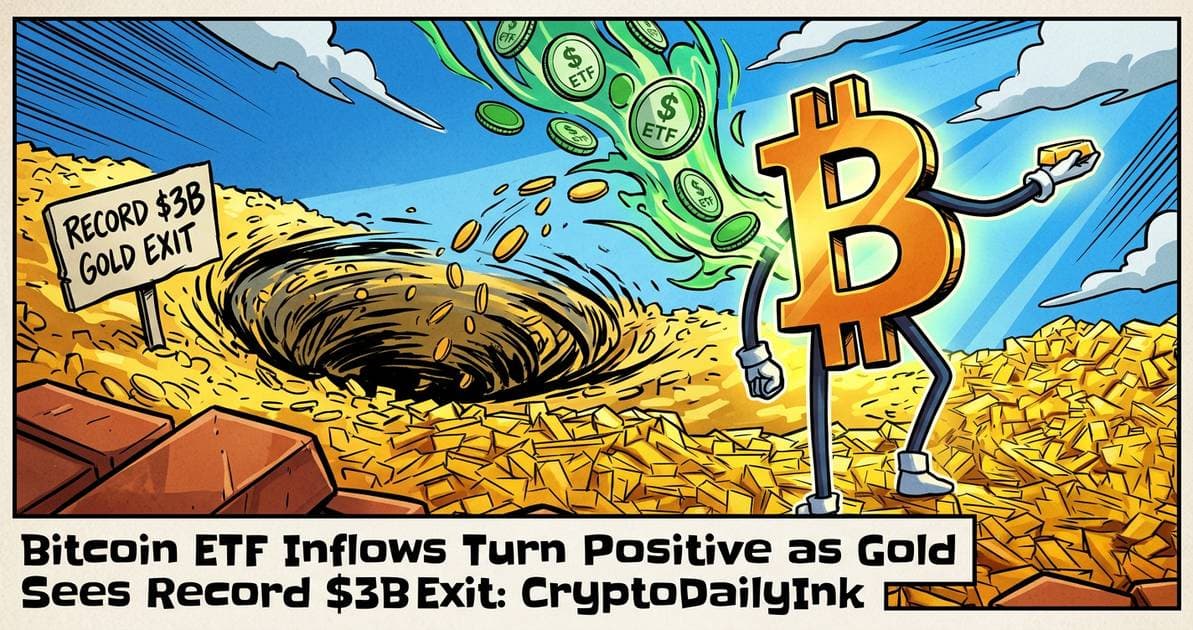 Illustration for article: Bitcoin ETF Inflows Turn Positive as Gold Sees Record $3B Exit: CryptoDailyInk