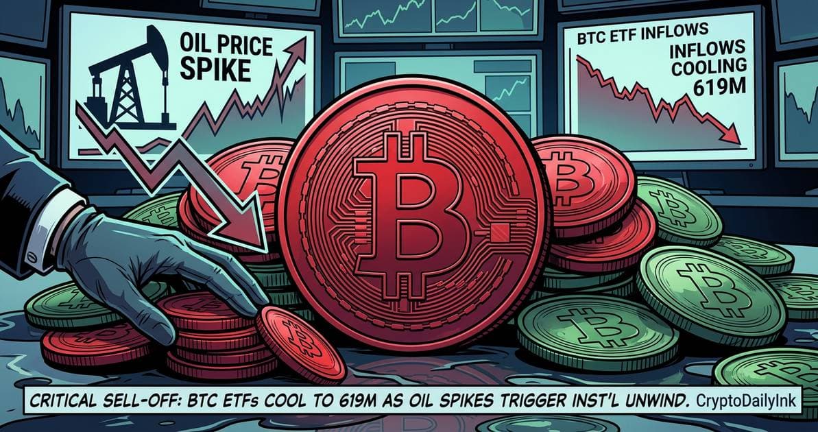Illustration for article: Bitcoin ETF Inflows Cool to 619M as Oil Price Spikes Trigger Institutional Sell-Off: CryptoDailyInk