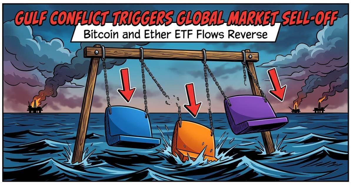 Illustration for article: Bitcoin and Ether ETF Flows Reverse as Gulf Conflict Triggers Global Market Sell-off: CryptoDailyInk
