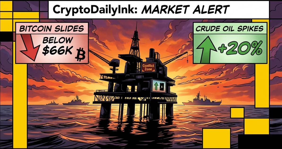 Illustration for article: Bitcoin Slides Below $66K as Crude Oil Spikes 20% Amid Iran Conflict: CryptoDailyInk