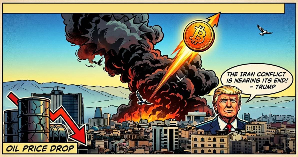 Illustration for article: Bitcoin Climbs as Trump Claims Iran Conflict Nears End Amid Oil Price Drop: CryptoDailyInk