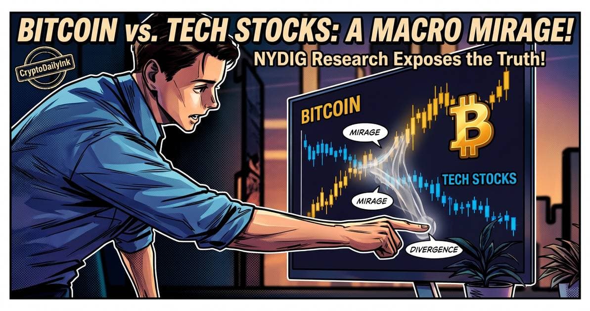 Illustration for article: Bitcoin Correlation With Tech Stocks Is A Macro Mirage Says NYDIG Research: CryptoDailyInk