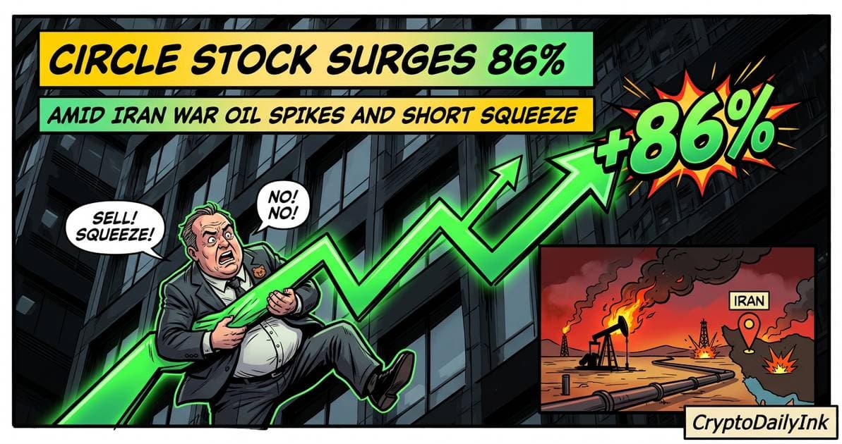 Illustration for article: Circle Stock Surges 86 Percent Amid Iran War Oil Spikes and Short Squeeze: CryptoDailyInk