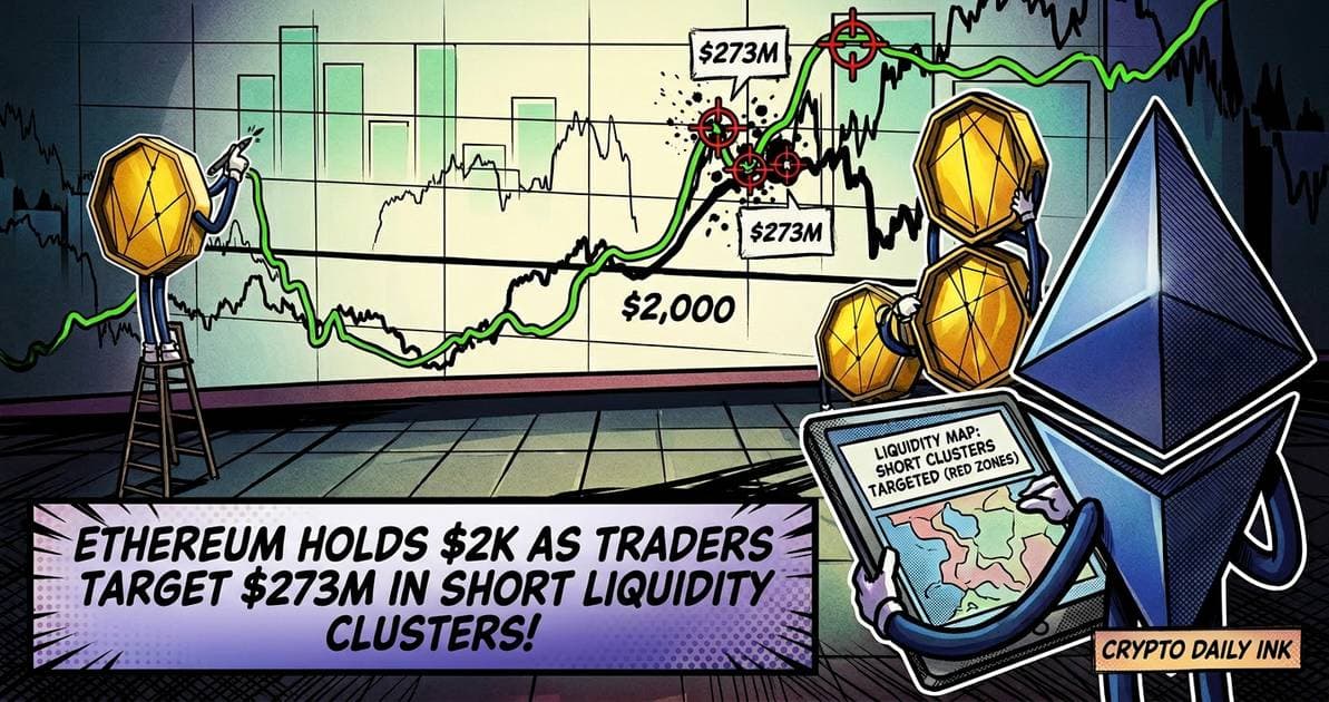 Illustration for article: Ethereum Holds $2K as Traders Target $273M in Short Liquidity Clusters: CryptoDailyInk