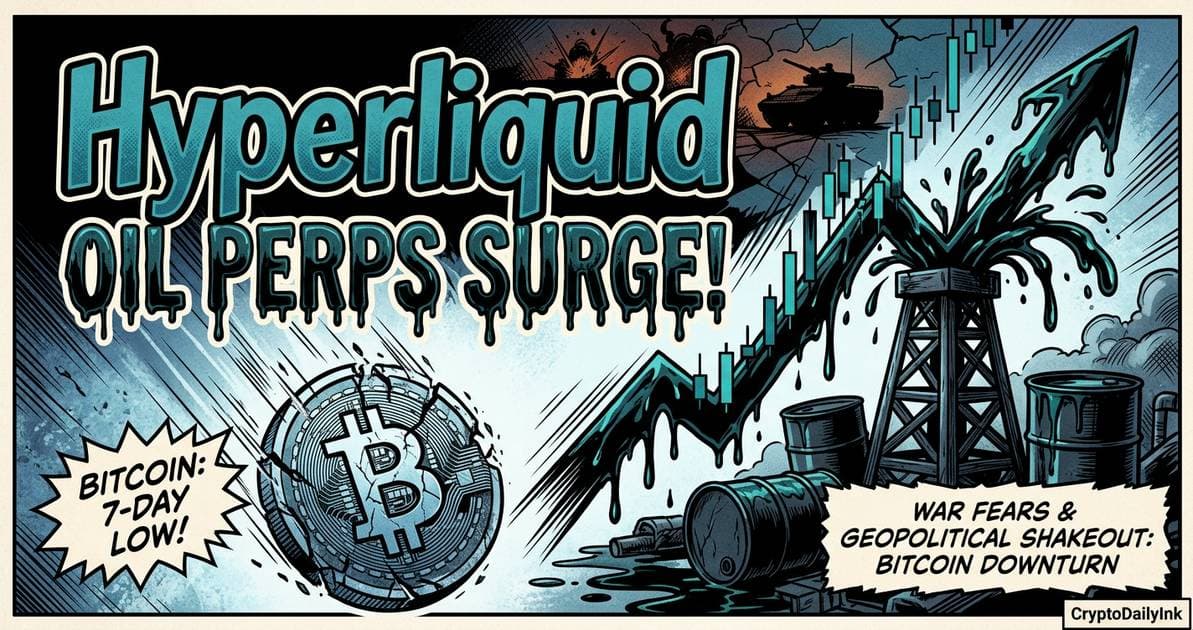 Illustration for article: Hyperliquid Oil Perps Surge as Bitcoin Drops to 7-Day Low Amid War Fears: CryptoDailyInk