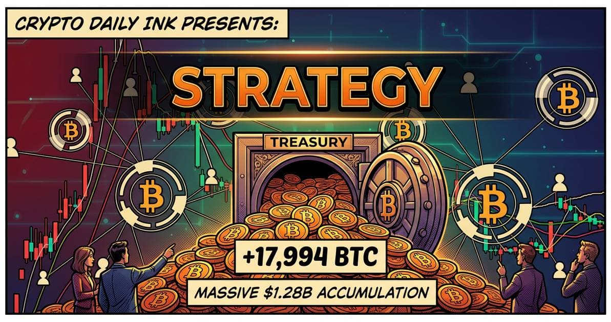 Illustration for article: Strategy Adds 17,994 BTC to Treasury in Massive $1.28 Billion Accumulation: CryptoDailyInk