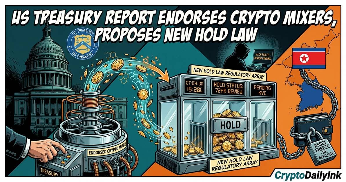 Illustration for article: US Treasury Report Endorses Crypto Mixers While Proposing New Hold Law: CryptoDailyInk