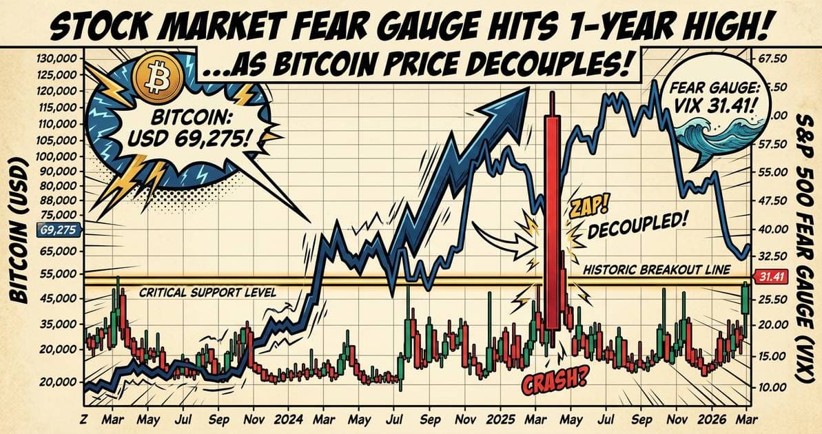 Illustration for article: Stock Market Fear Gauge Hits One-Year High as Bitcoin Price Decouples: CryptoDailyInk